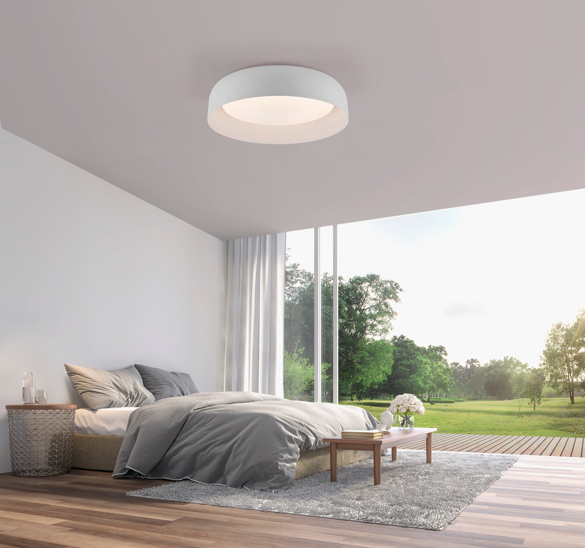 Mise en ambiance du plafonnier blanc fixé au plafond d une chambre