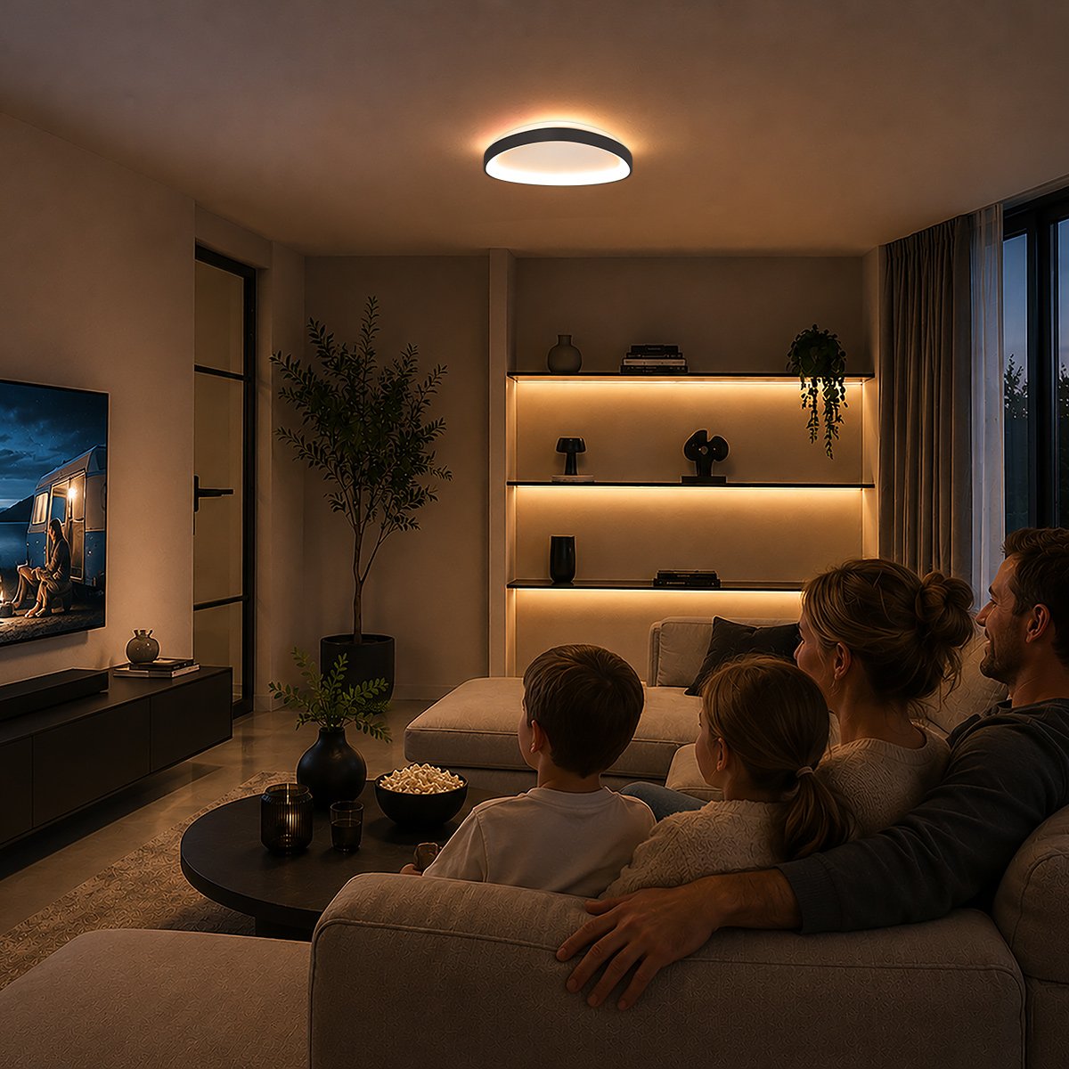Mise en ambiance du plafonnier allumé dans un salon familial le soir
