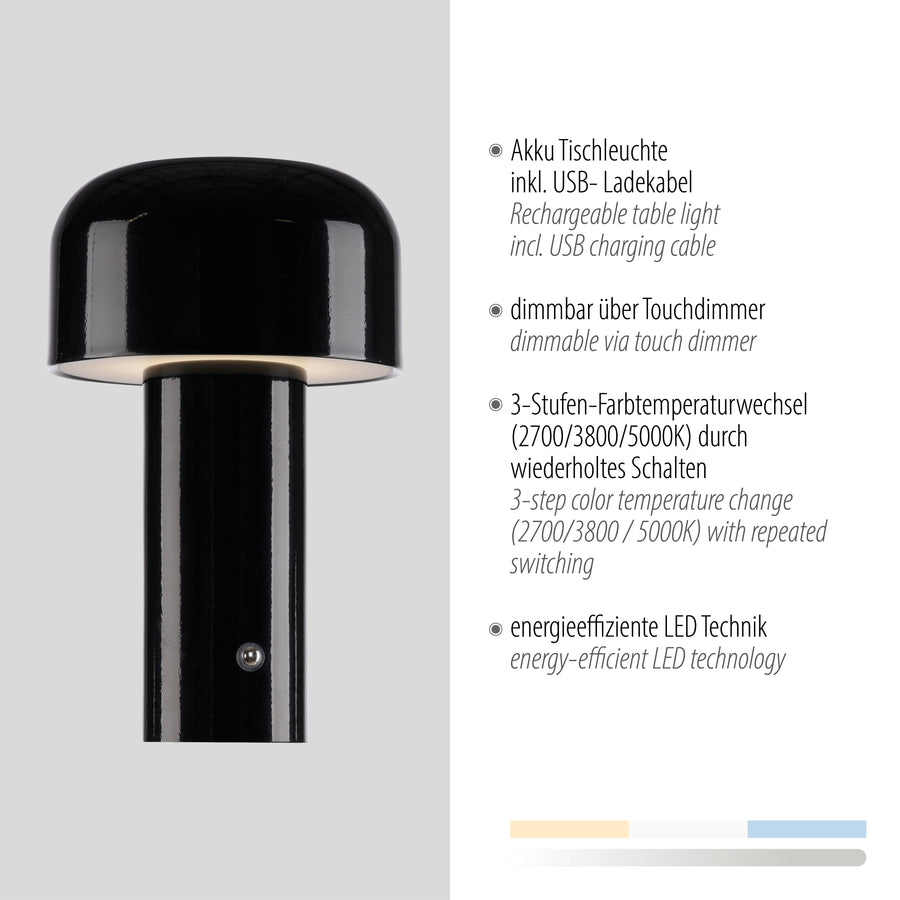 Fiche descriptive illustrée avec texte sur batterie USB, variateur tactile et températures de couleur.