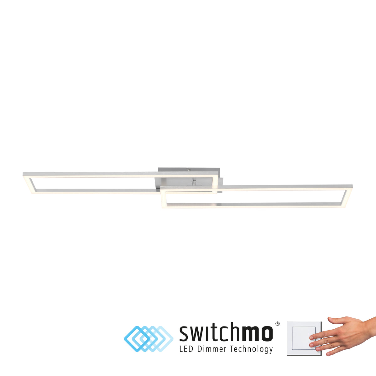 Plafonnier de profil avec logo Switchmo et main sur interrupteur mural