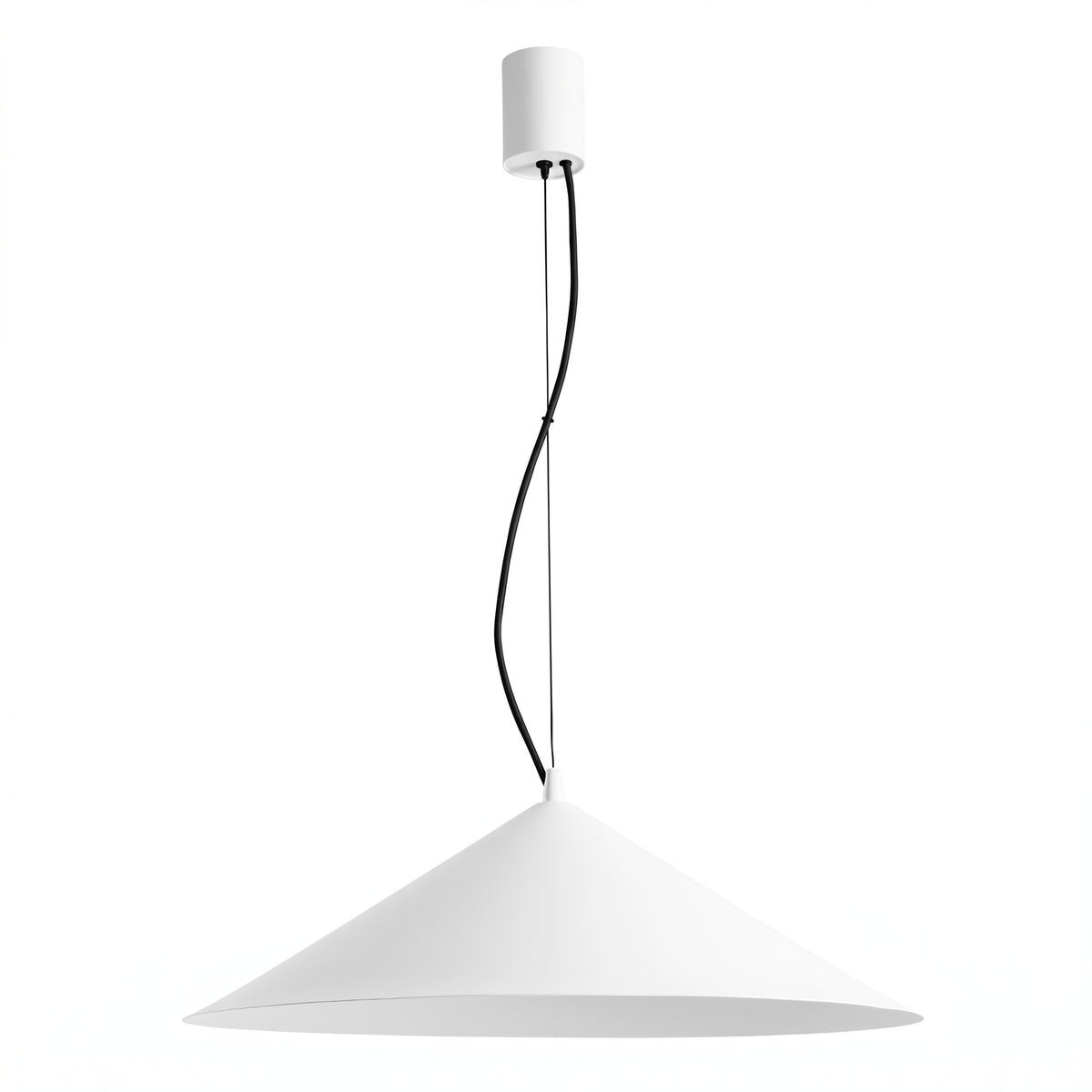 Version blanche mate du luminaire suspendu, grand cône large présenté de profil