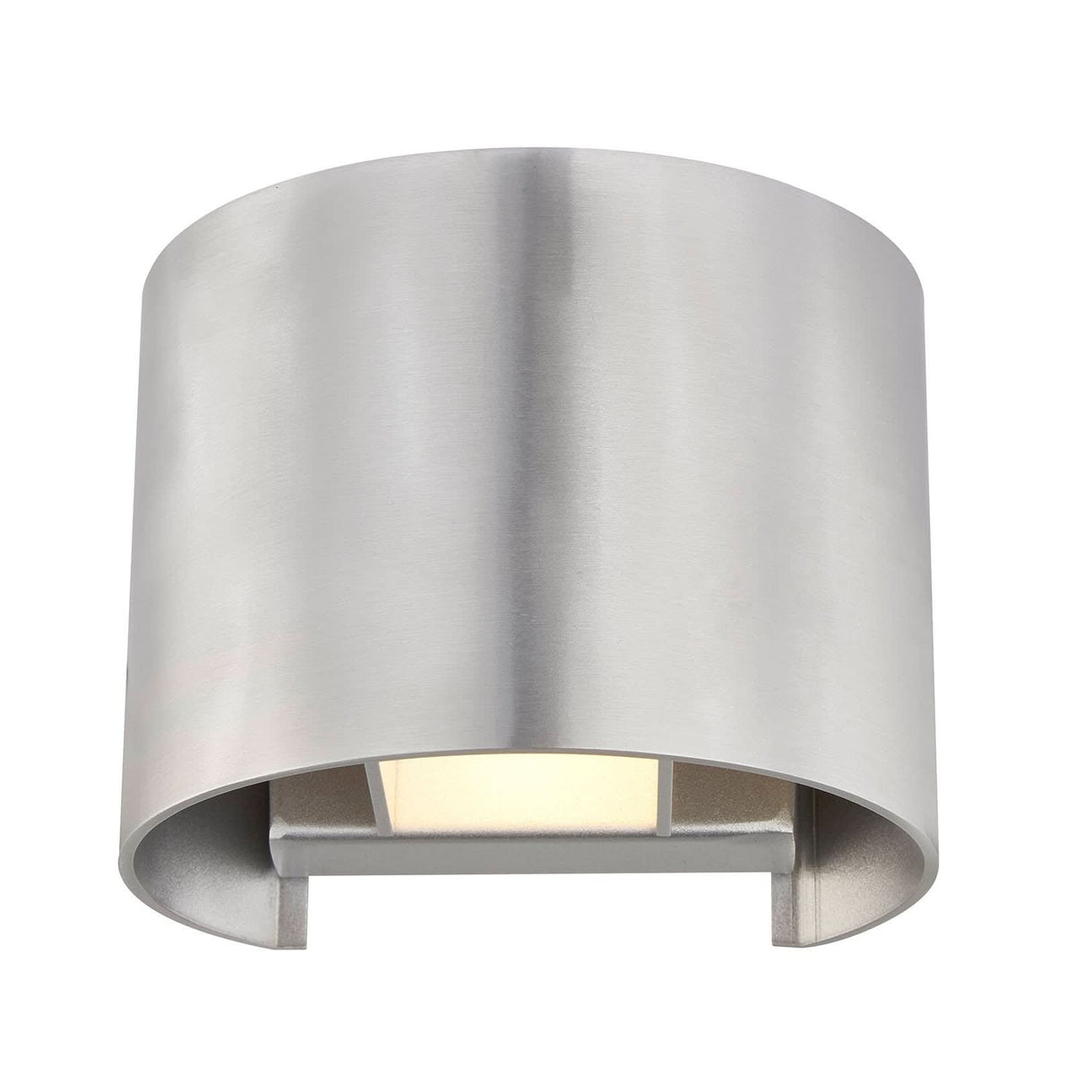 Vue de face sur fond blanc de l'applique demi-cylindrique, ouverture inférieure et module LED visibles.