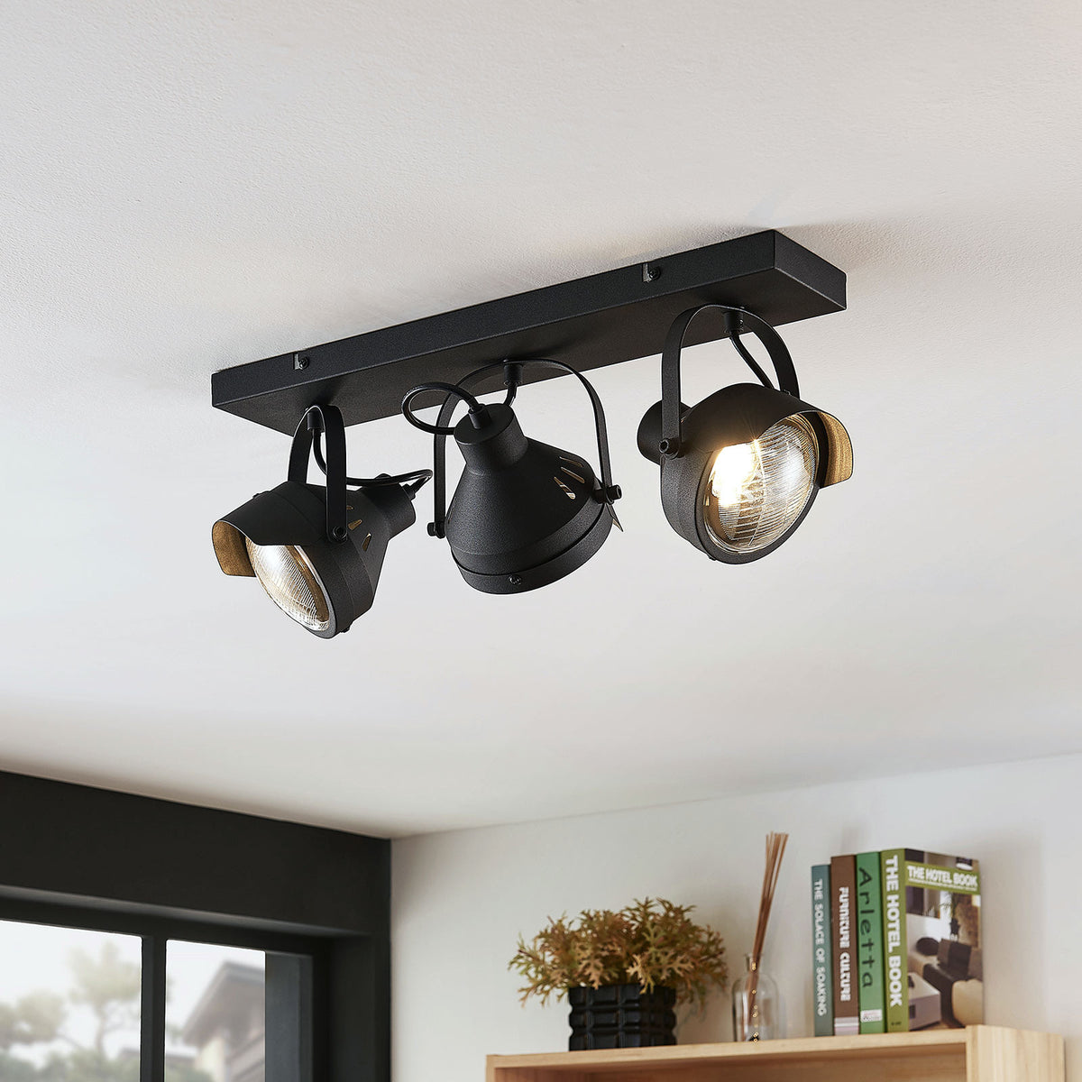Le luminaire noir au plafond éclaire une pièce avec étagère et livres.