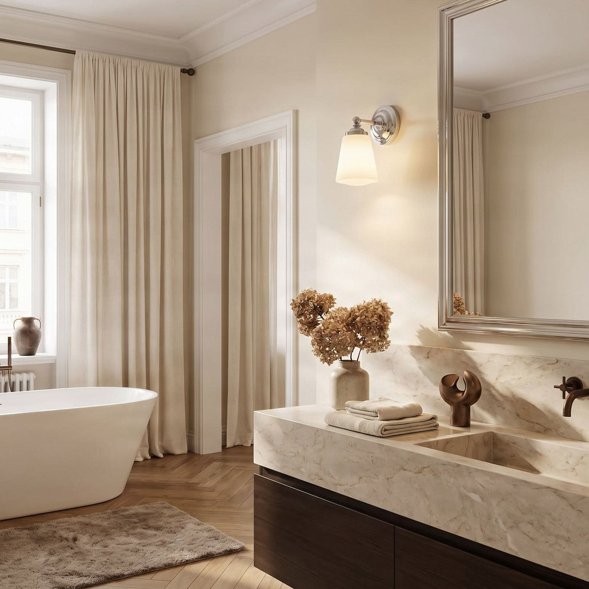 Mise en ambiance dans une salle de bain avec baignoire, miroir et vasque en marbre.