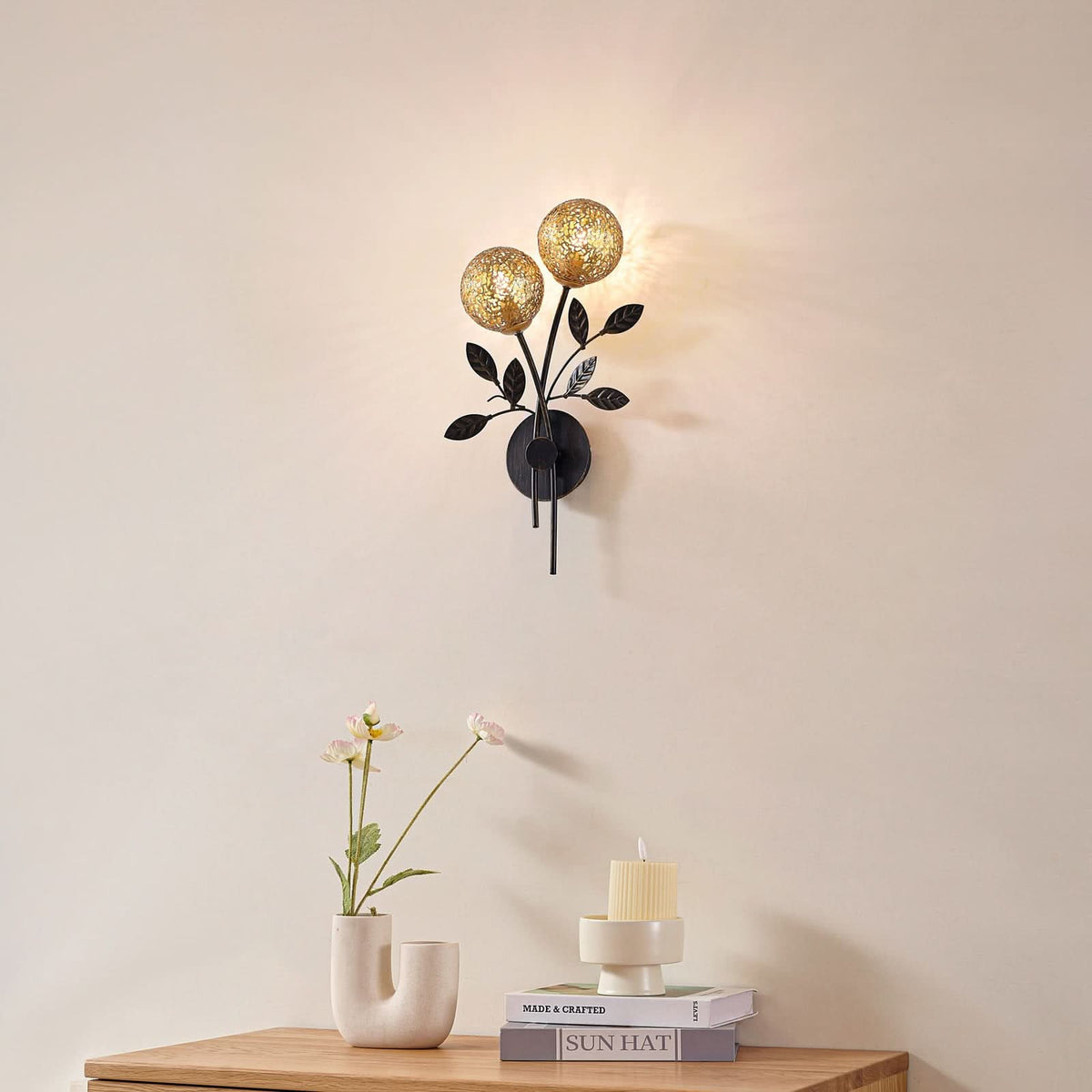Applique murale Evory en métal, noir et doré, 2 lumières, hauteur 43,5 cm