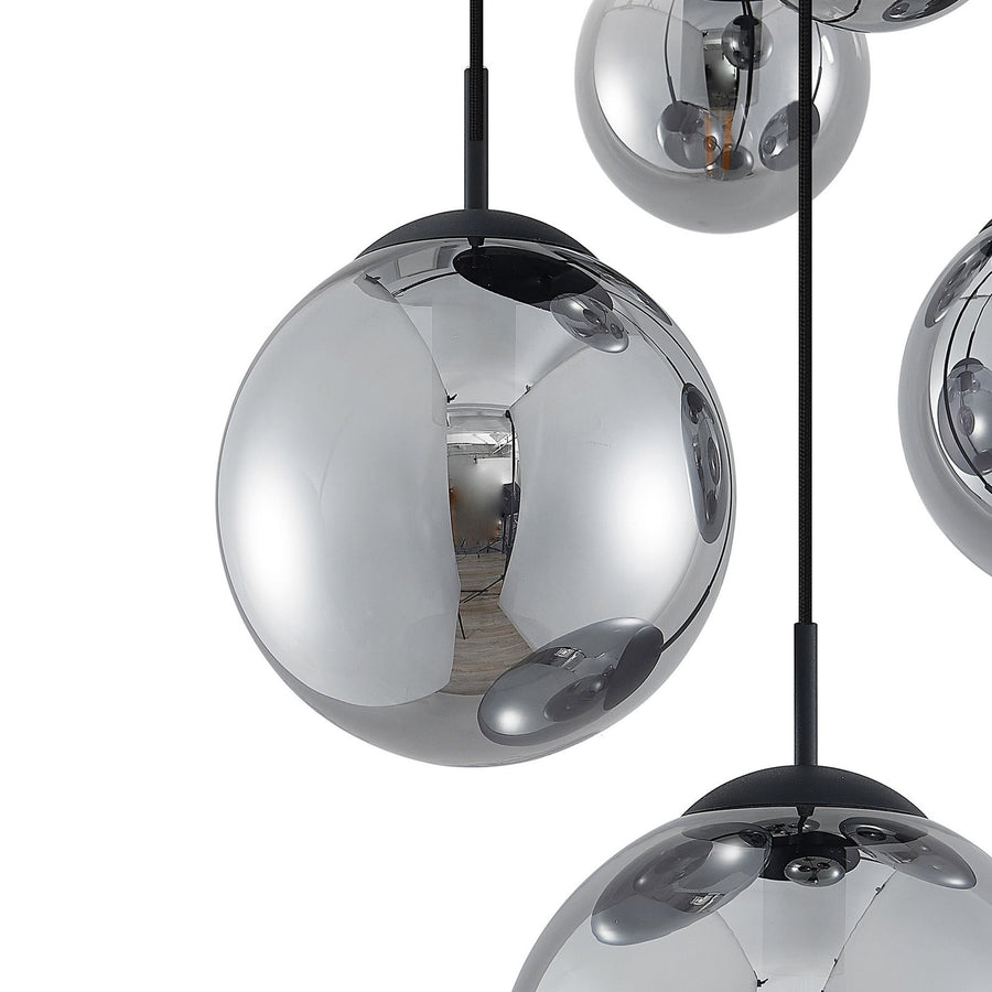 Suspension Teeja en verre, gris fumée et noir, 5 lumières, Ø 50 cm