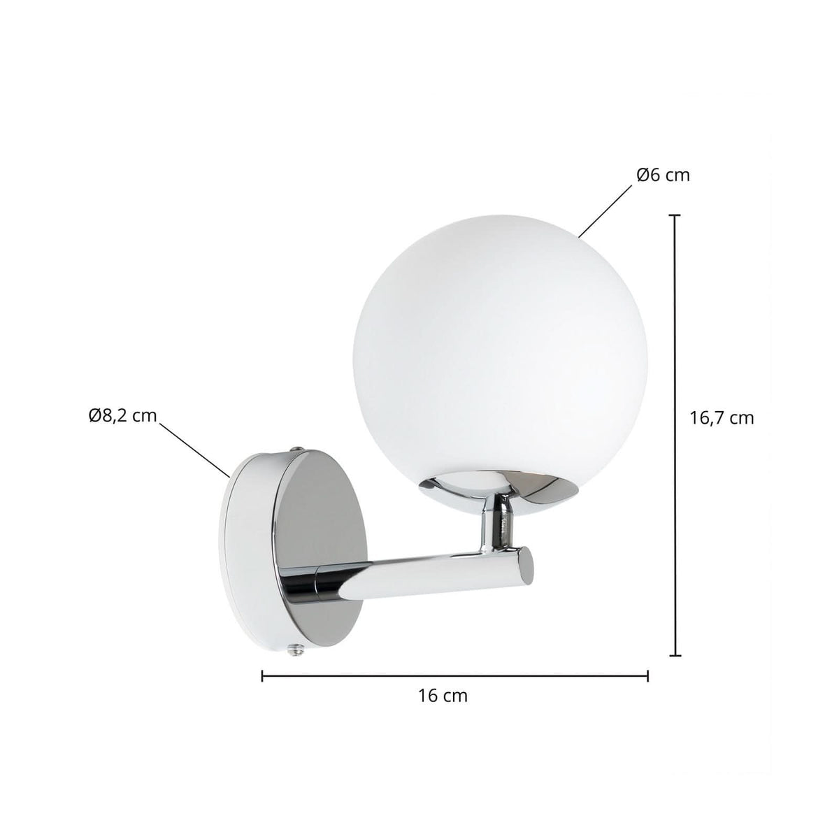 Schéma coté : profondeur 16 cm, hauteur 16,7 cm, globe Ø6 cm et base Ø8,2 cm.