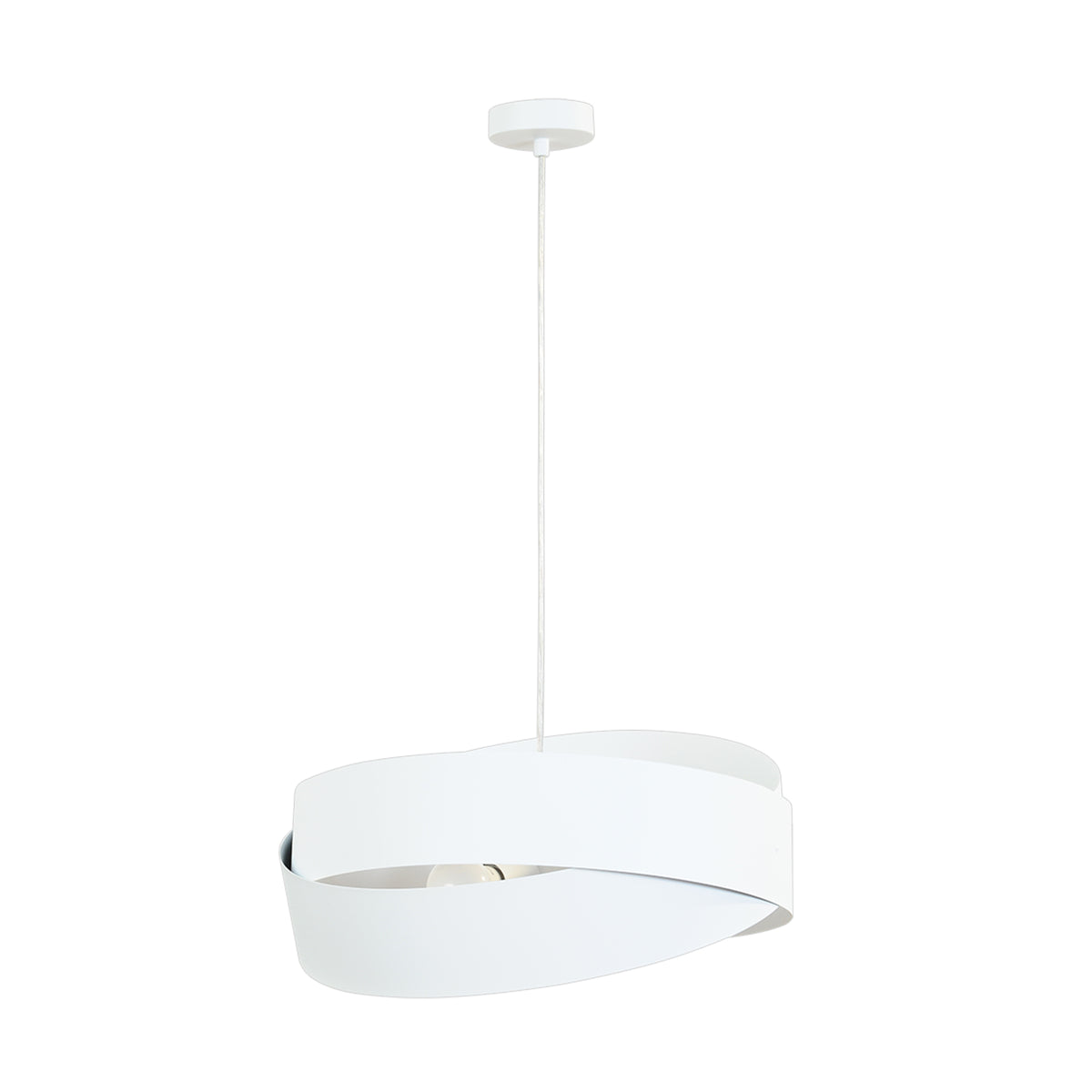 Vue de face de la suspension blanche avec câble et rosace de plafond