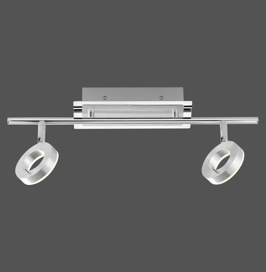 Vue de face du plafonnier aluminium avec deux projecteurs circulaires orientables et finition chromée.