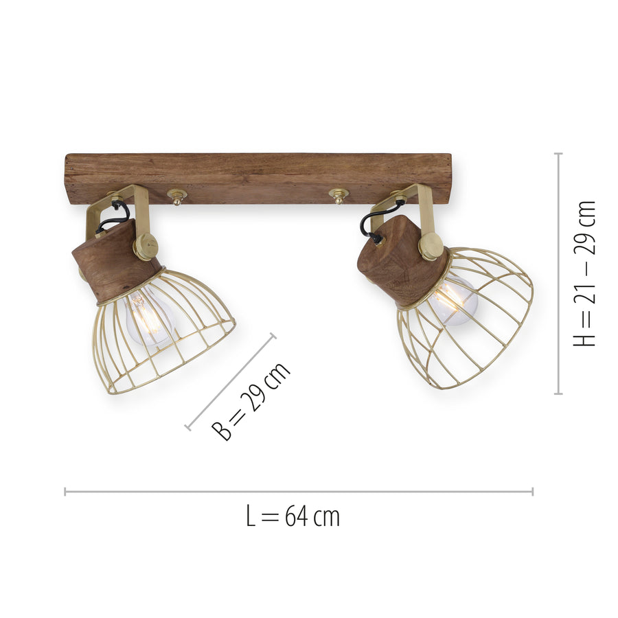 Plafonnier Alami 2 lumières laiton mat, bois