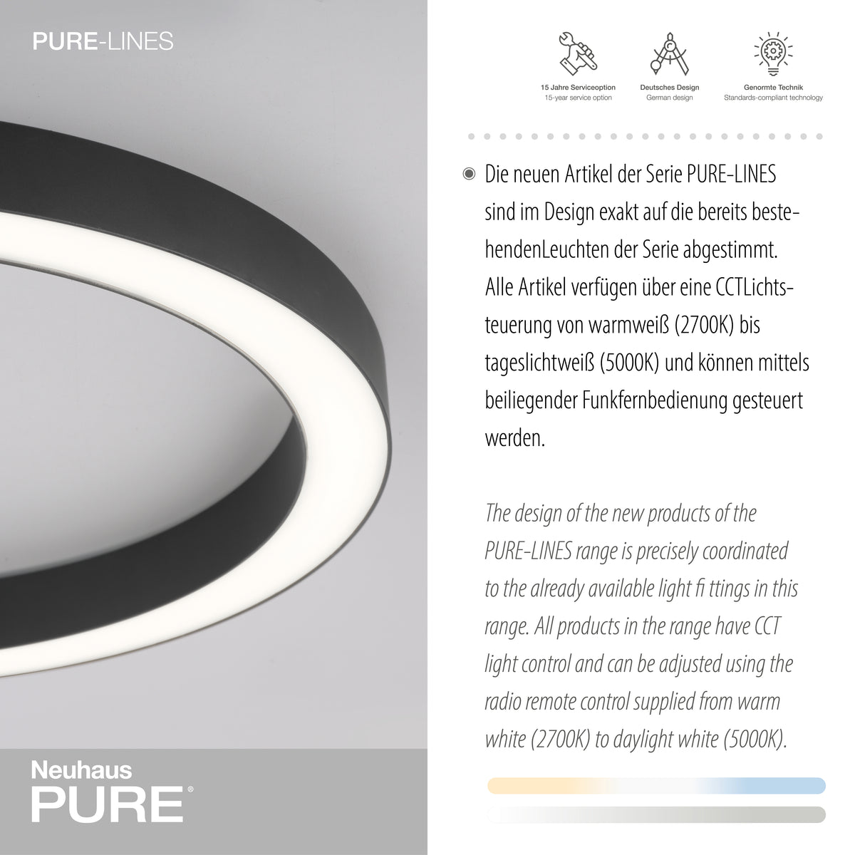 Gros plan sur l'anneau anthracite et son diffuseur blanc, texte technique
