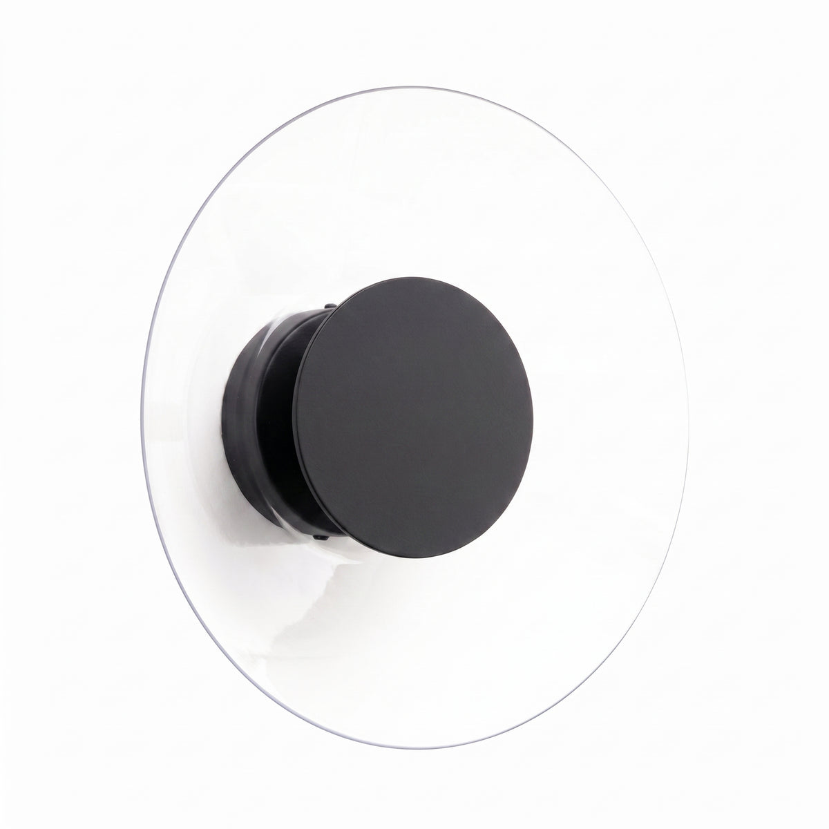 Version noire mate de l applique murale, vue frontale avec diffuseur en verre
