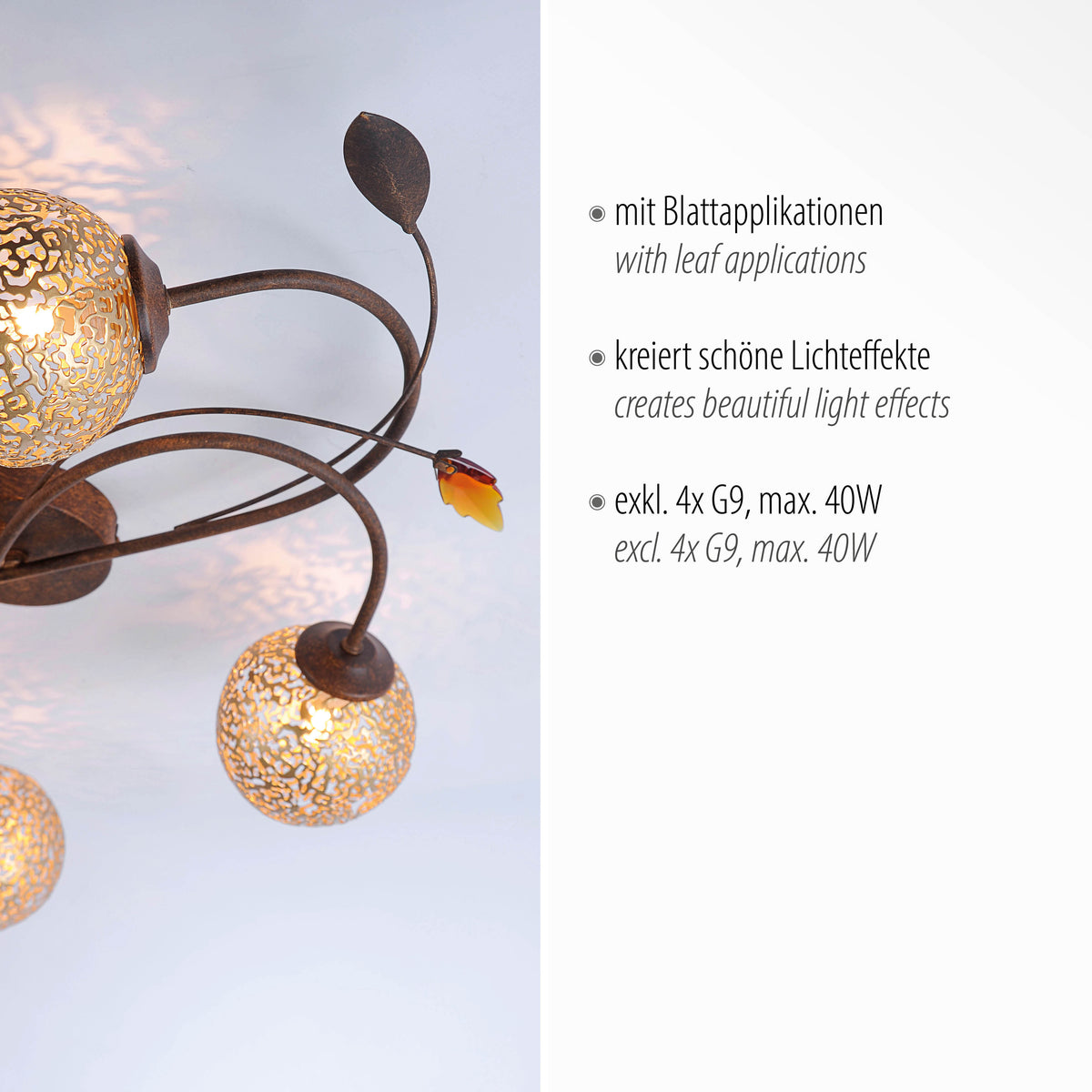 Détail du luminaire avec appliques feuilles et texte indiquant quatre ampoules G9 maximum 40W.