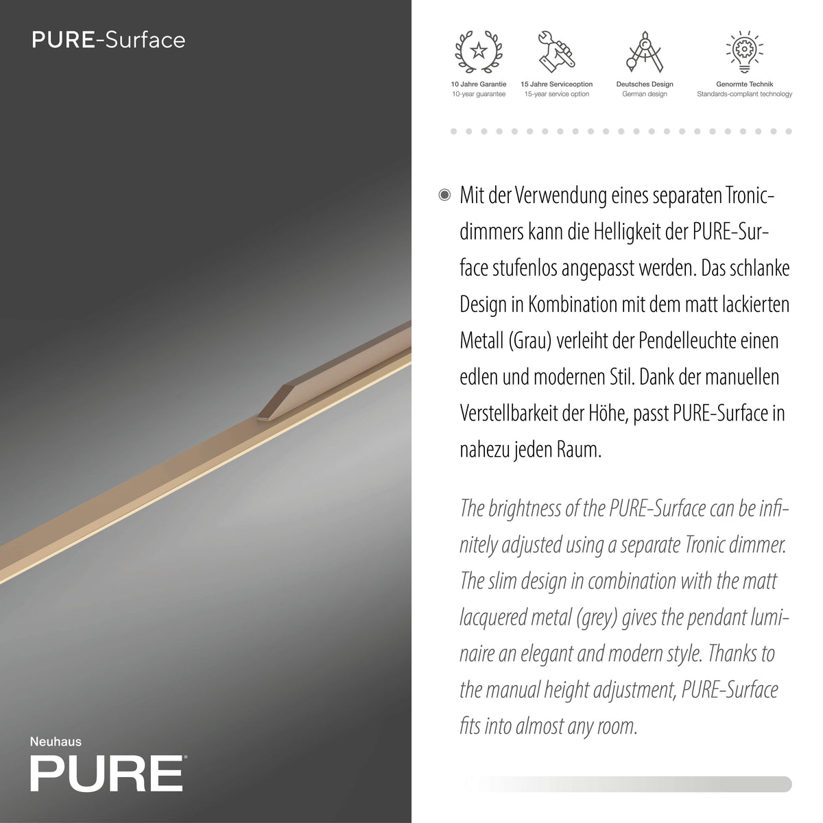 Page descriptive mentionnant la garantie dix ans et le design allemand.