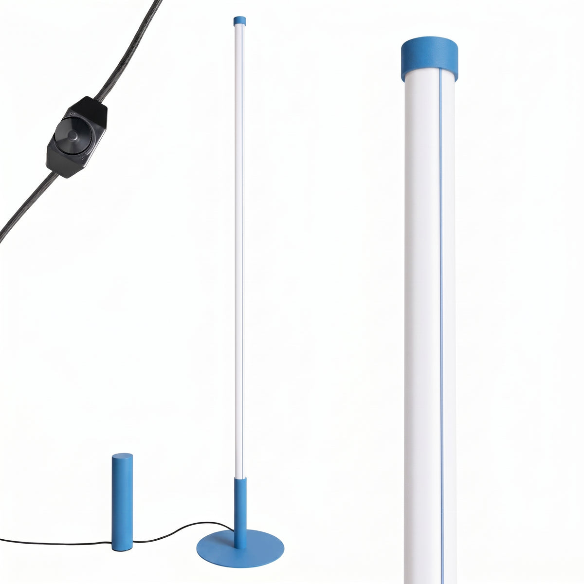 Lampadaire à finition bleue, socle circulaire, variateur et petit cylindre de commande