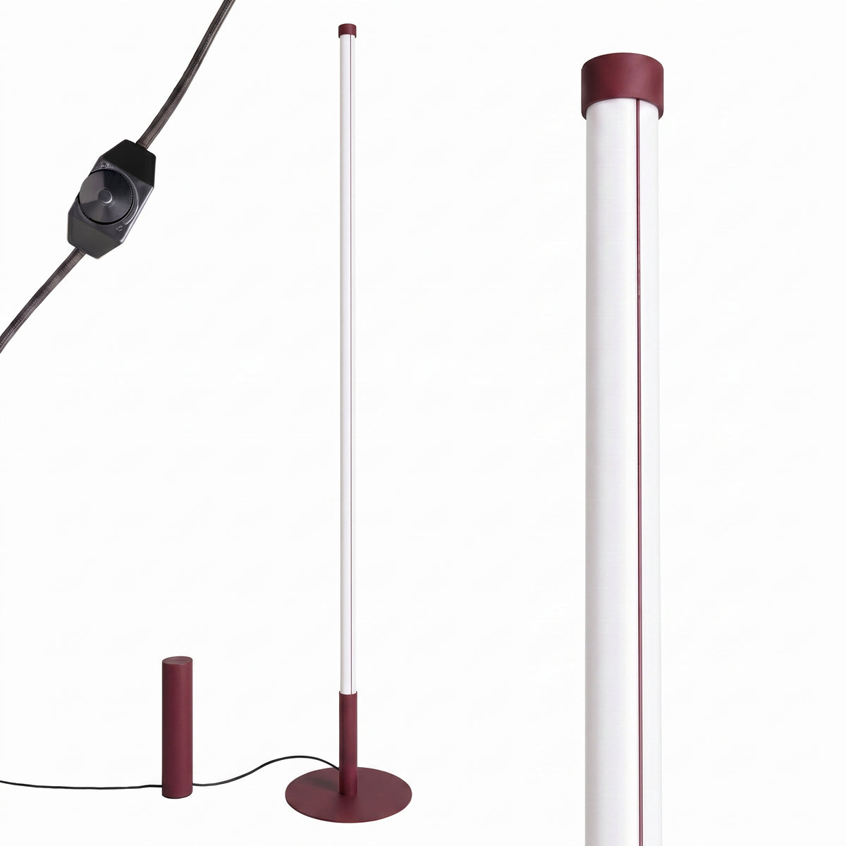 Lampadaire bordeaux foncé, gros plan sur le tube blanc et le boîtier variateur