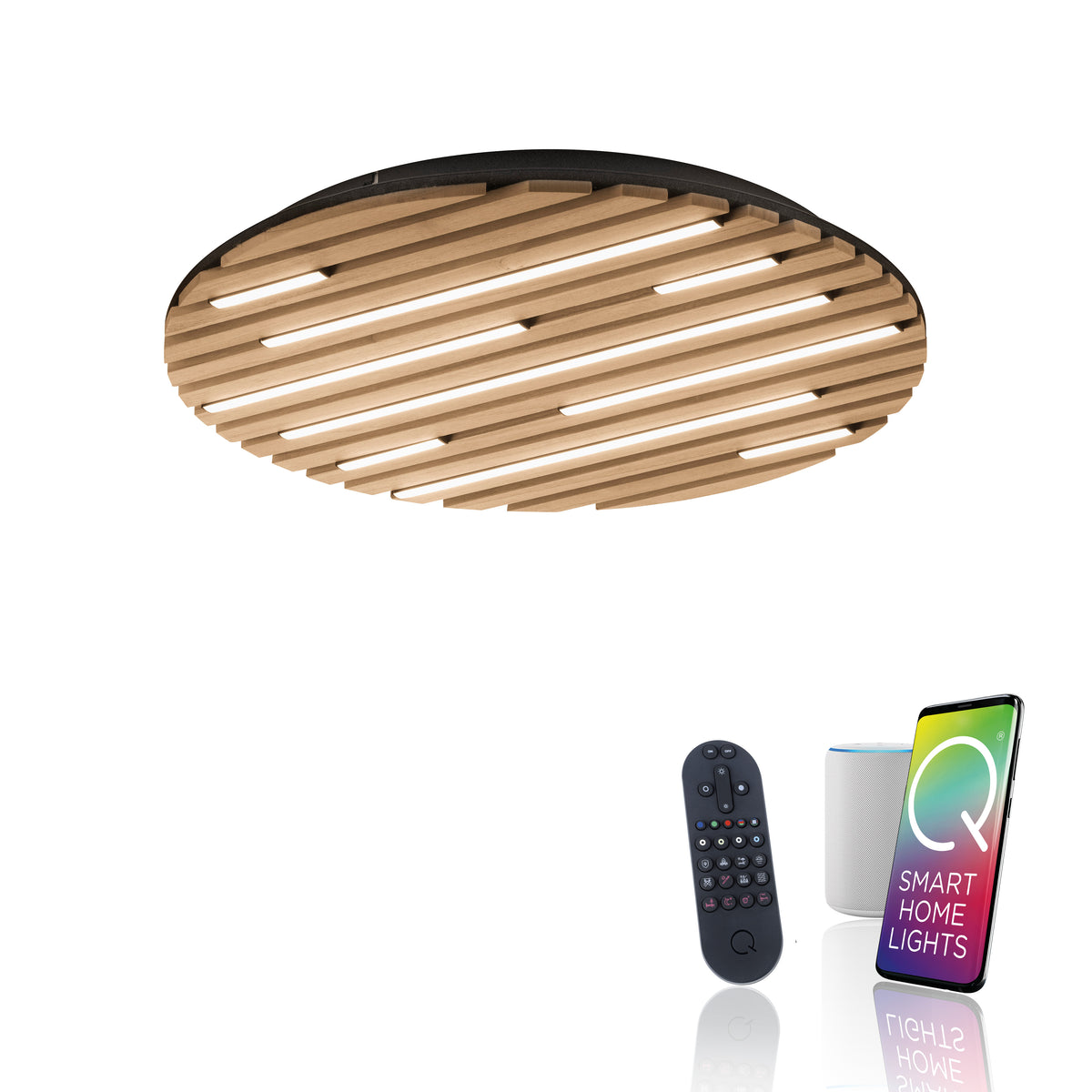 Luminaire présenté avec télécommande, enceinte connectée et smartphone pour pilotage.