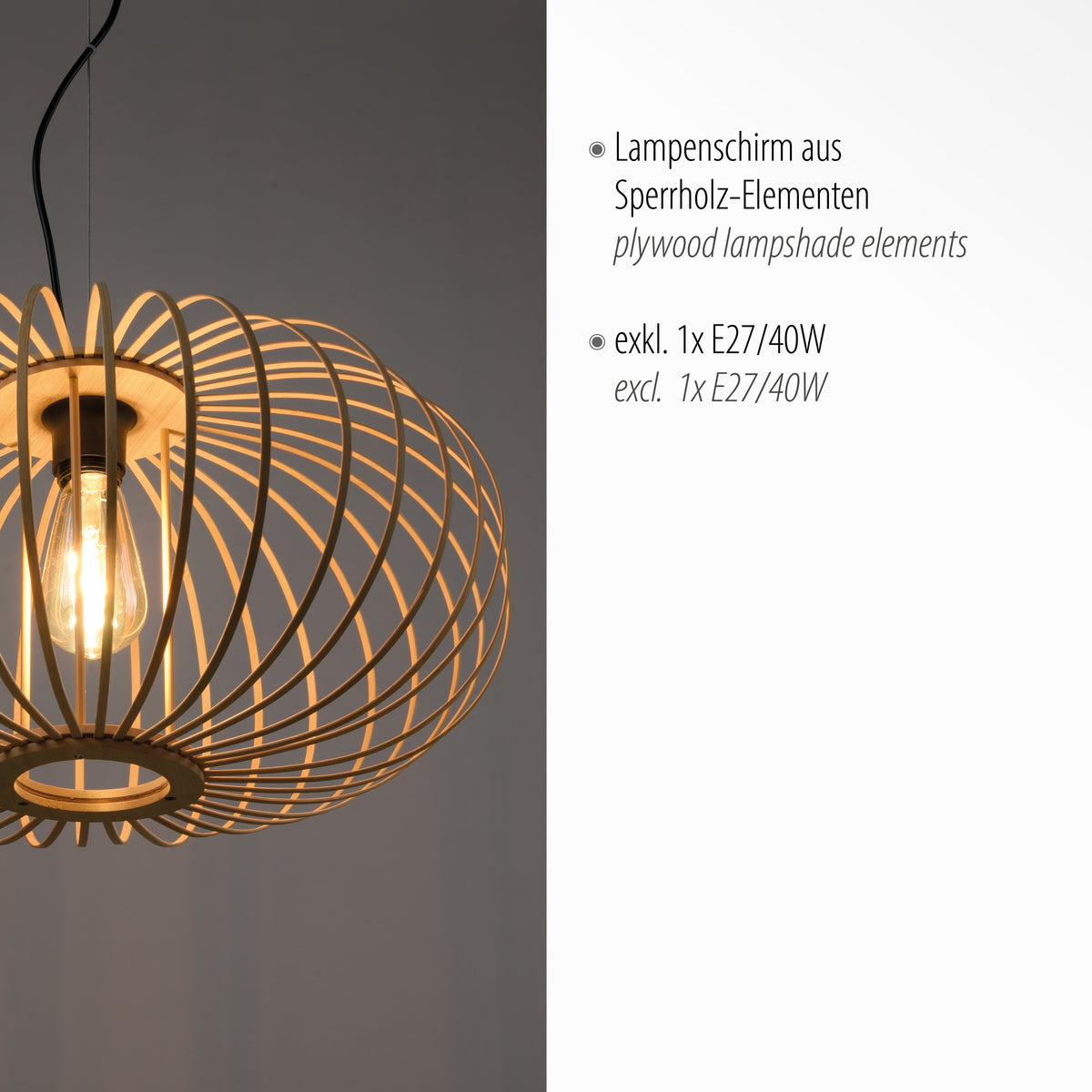 Détail du diffuseur en lamelles de contreplaqué et ampoule E27 non fournie.