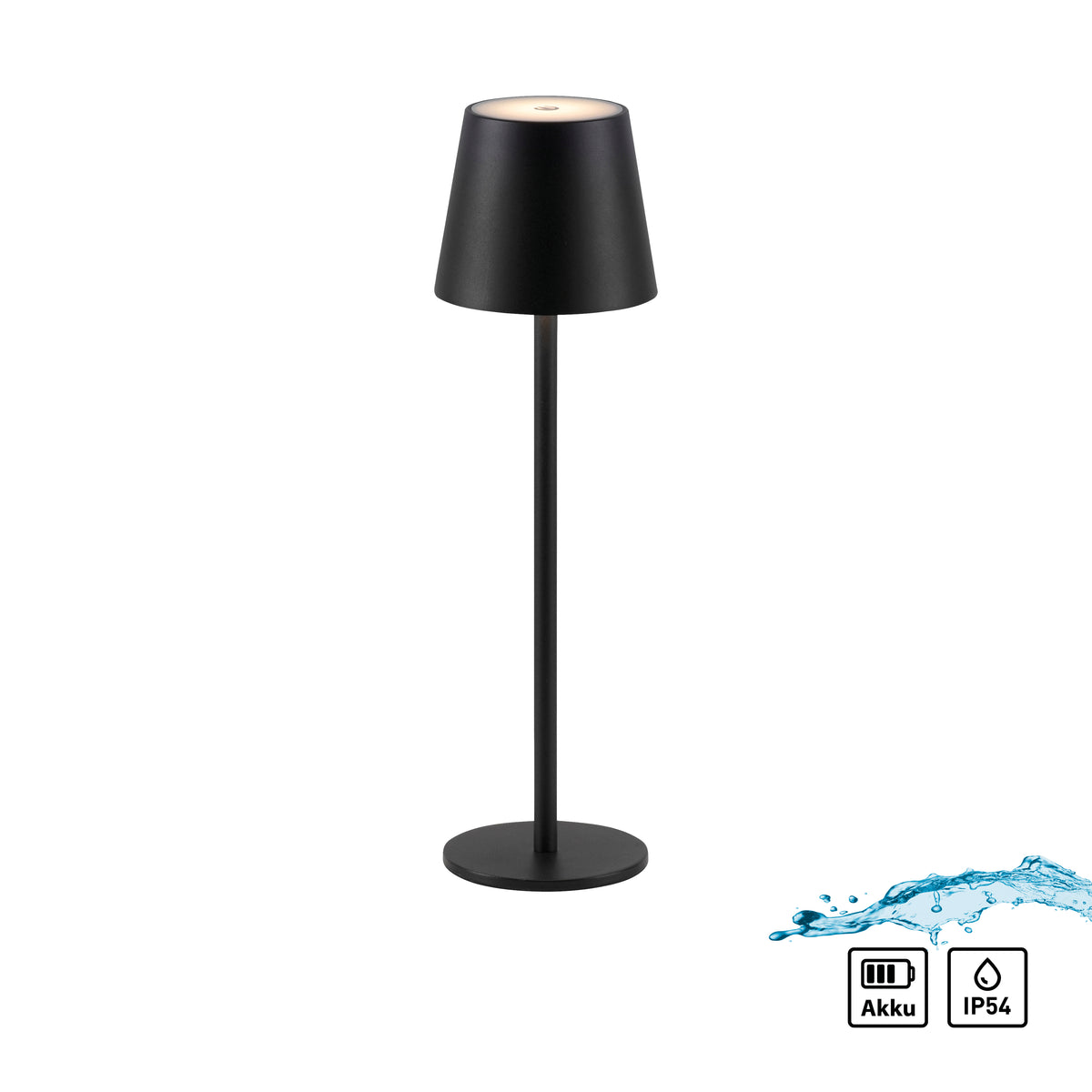 Lampe noire avec éclaboussures et pictogrammes batterie et IP54