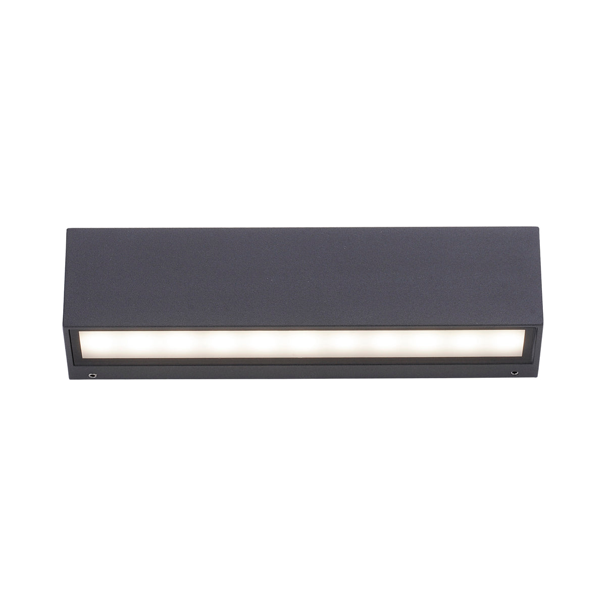 Face avant de l'applique murale rectangulaire anthracite avec long diffuseur blanc.