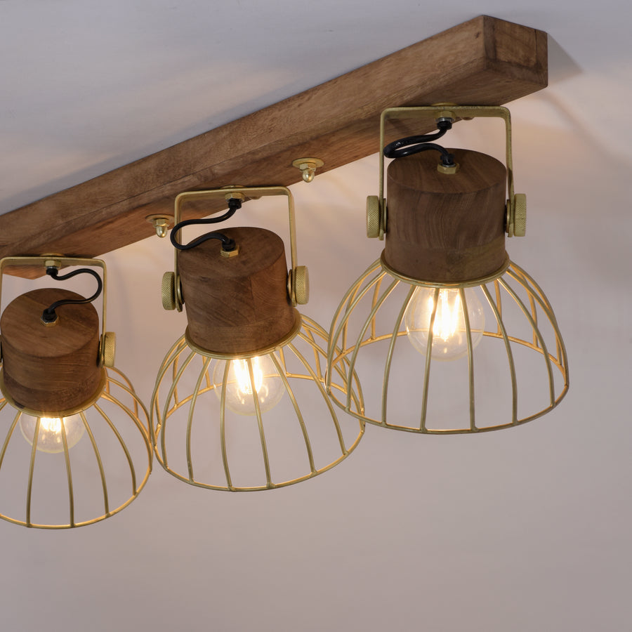 Plafonnier Alami 3 lumières laiton mat, bois