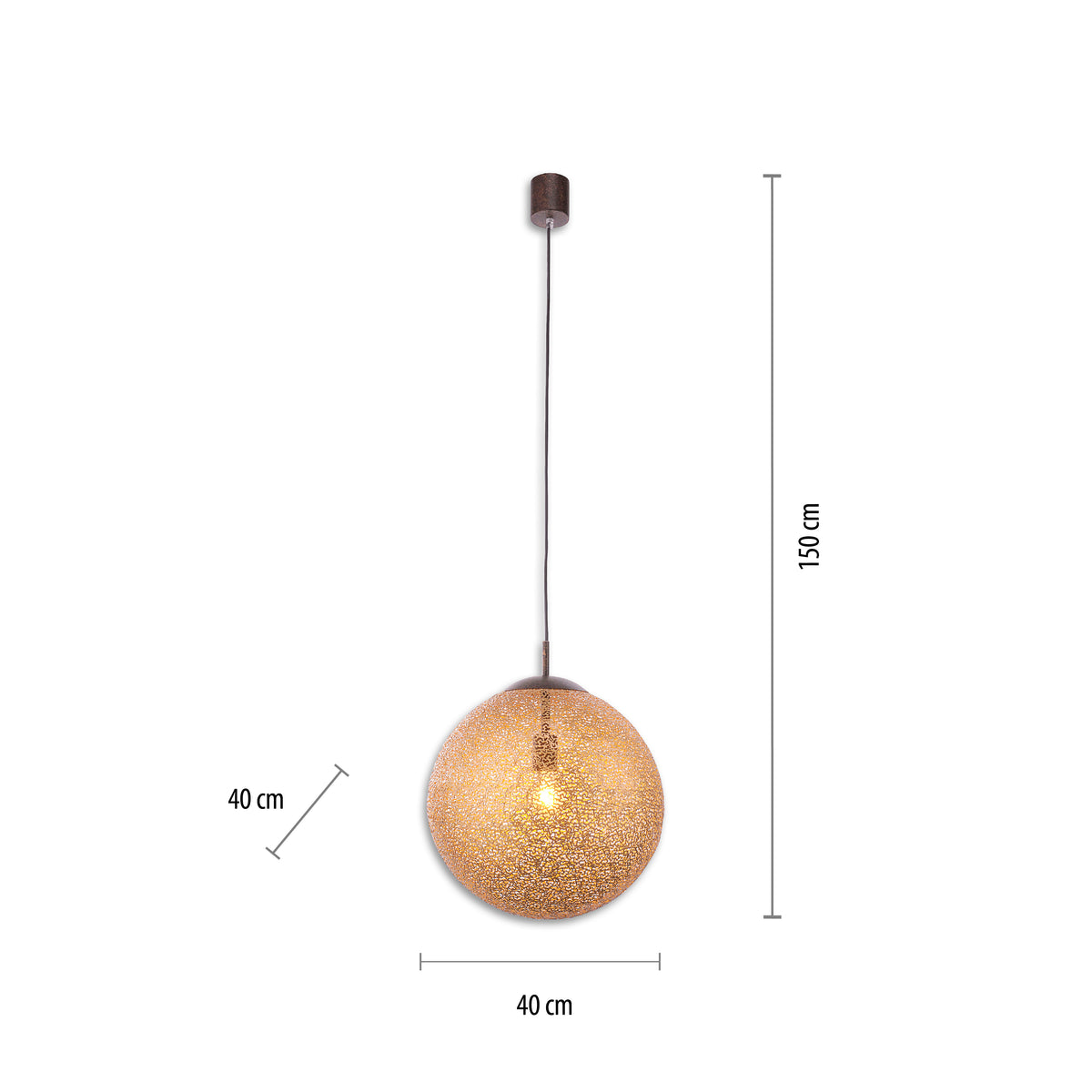 Schéma de dimensions de la suspension : hauteur 150 cm et diamètre 40 cm.