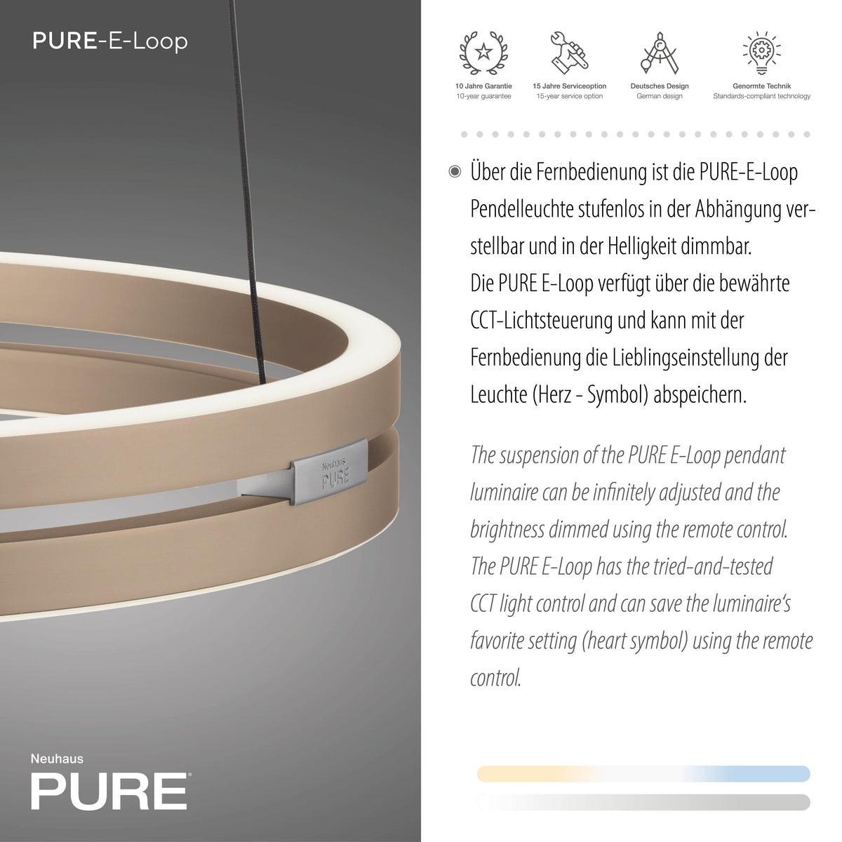 Vue rapprochée du luminaire avec mentions de garantie et service client.