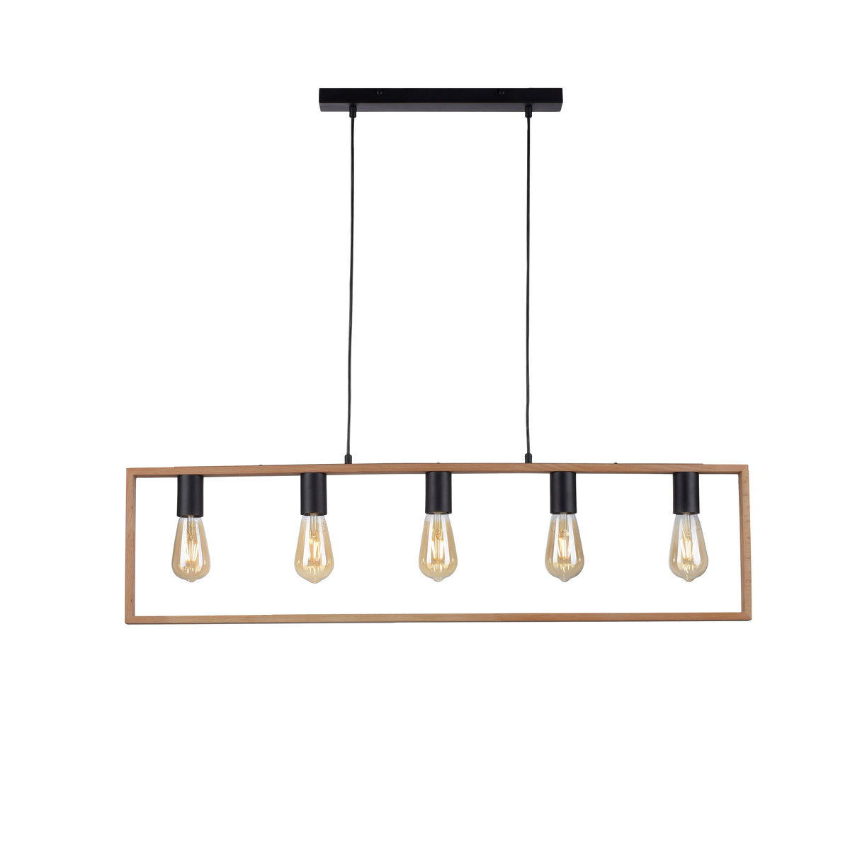 Vue de face sur fond blanc du luminaire, structure bois et douilles noires alignées