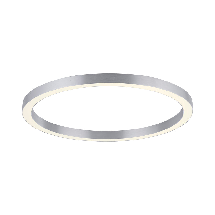 Vue de trois quarts d'un plafonnier anneau en aluminium brossé, éclairage LED périphérique blanc.