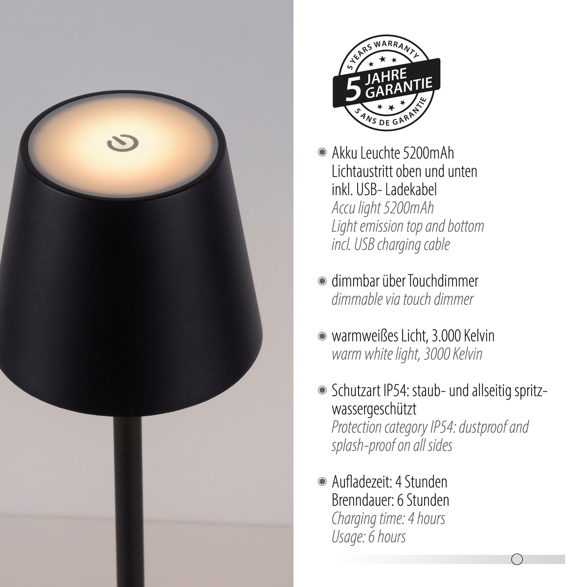 Gros plan sur le bouton tactile avec badge cinq ans de garantie