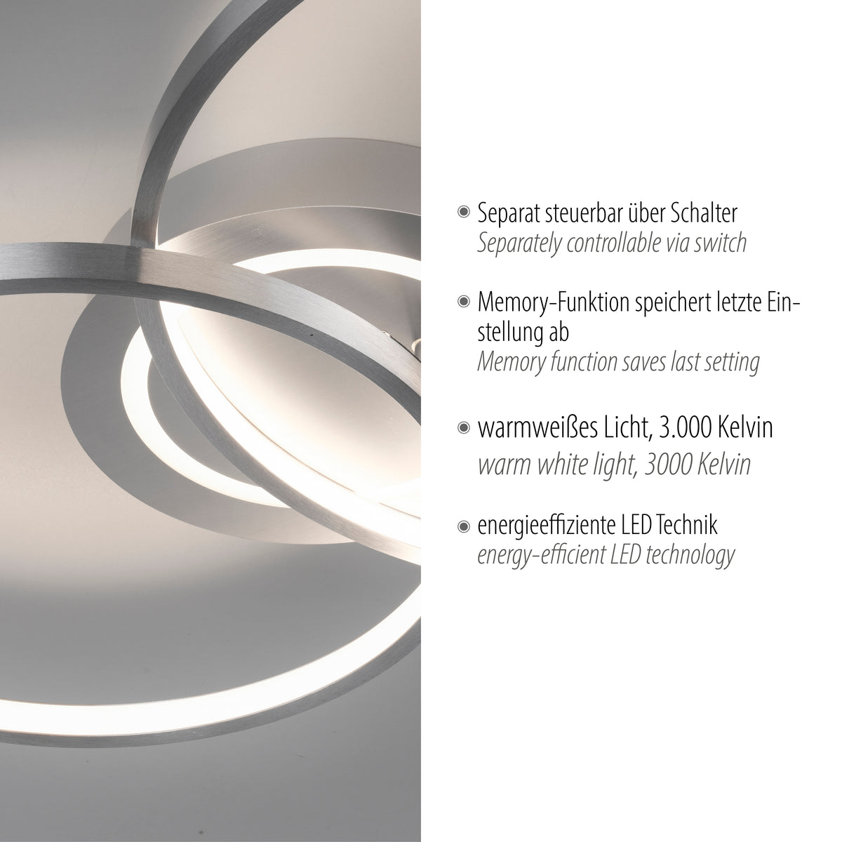 Détail rapproché des anneaux LED et liste des caractéristiques techniques