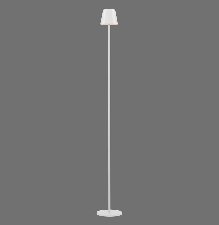 Luminaire sur fond gris, vue de face, pied fin et abat-jour conique blanc