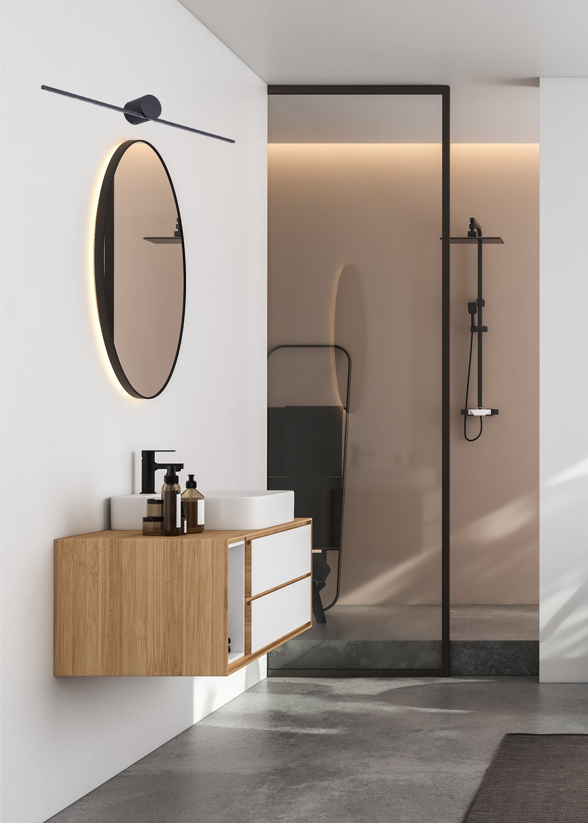 Vue large de la salle de bain avec l'applique murale noire et le mobilier vasque.