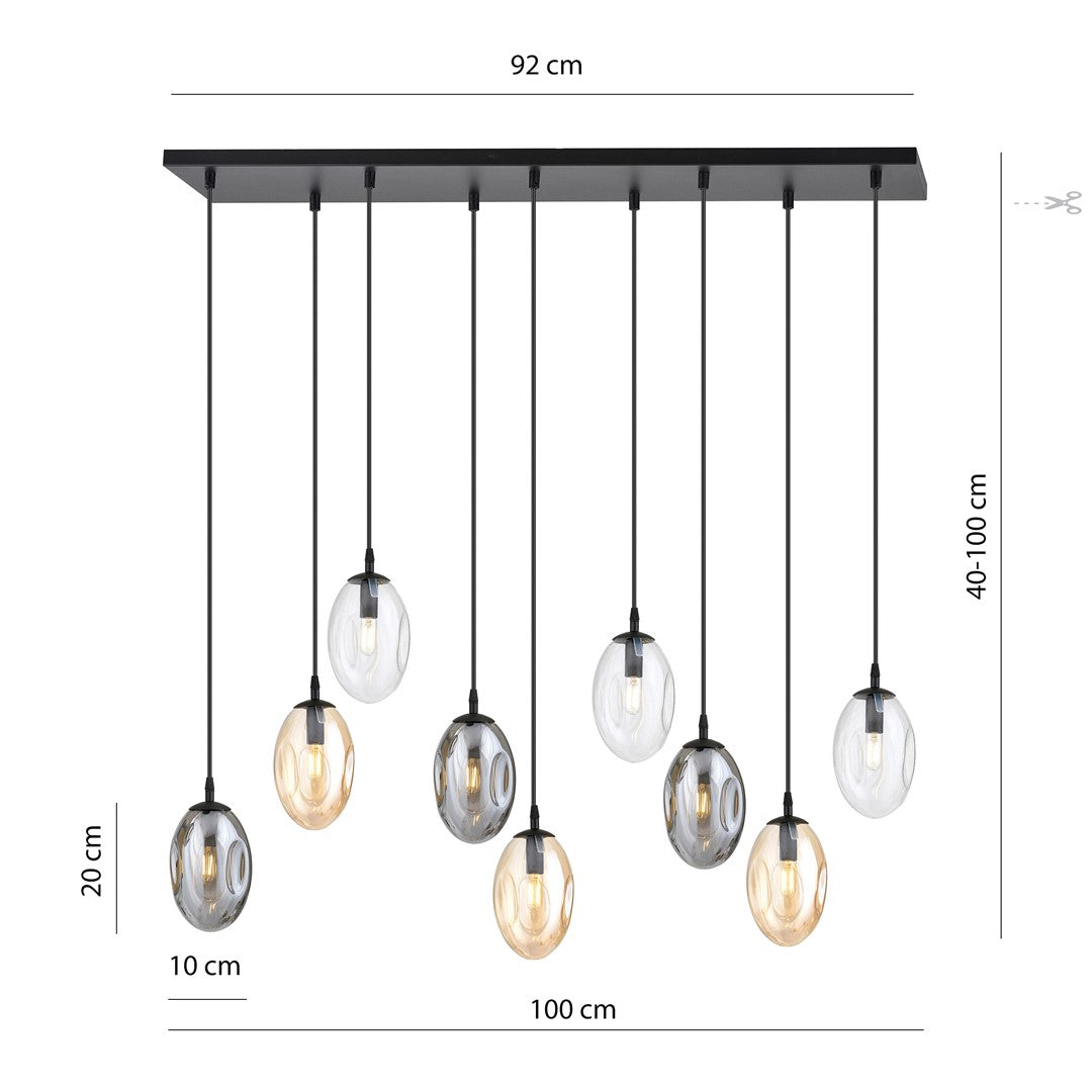 Schéma coté montrant largeur 92 cm, hauteur réglable et dimensions des globes