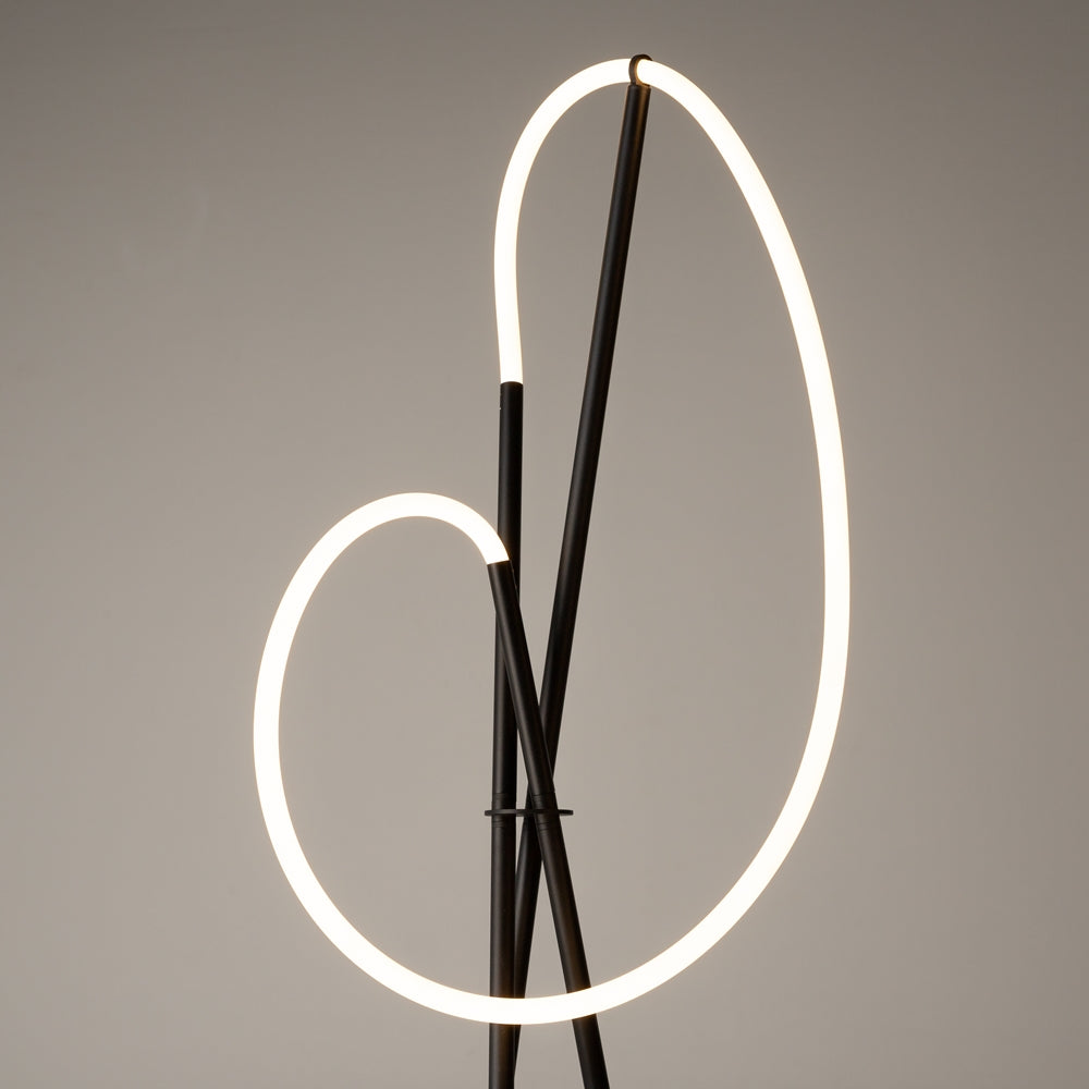 Gros plan des boucles lumineuses blanches croisant les trois tiges noires