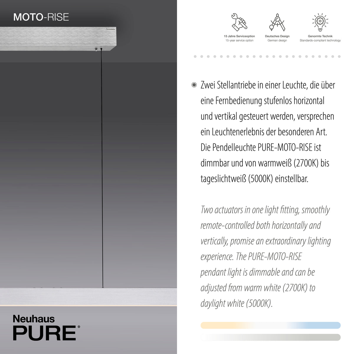 Détail technique de la motorisation avec télécommande et température réglable 2700-5000 K.