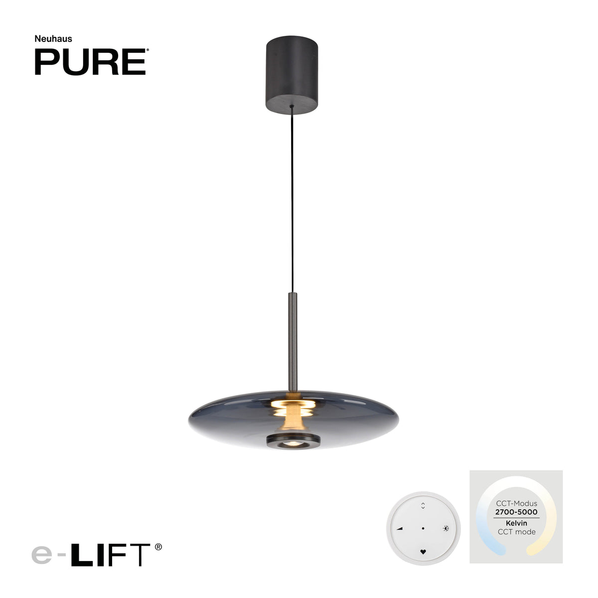 Vue produit avec télécommande et échelle de température de couleur CCT