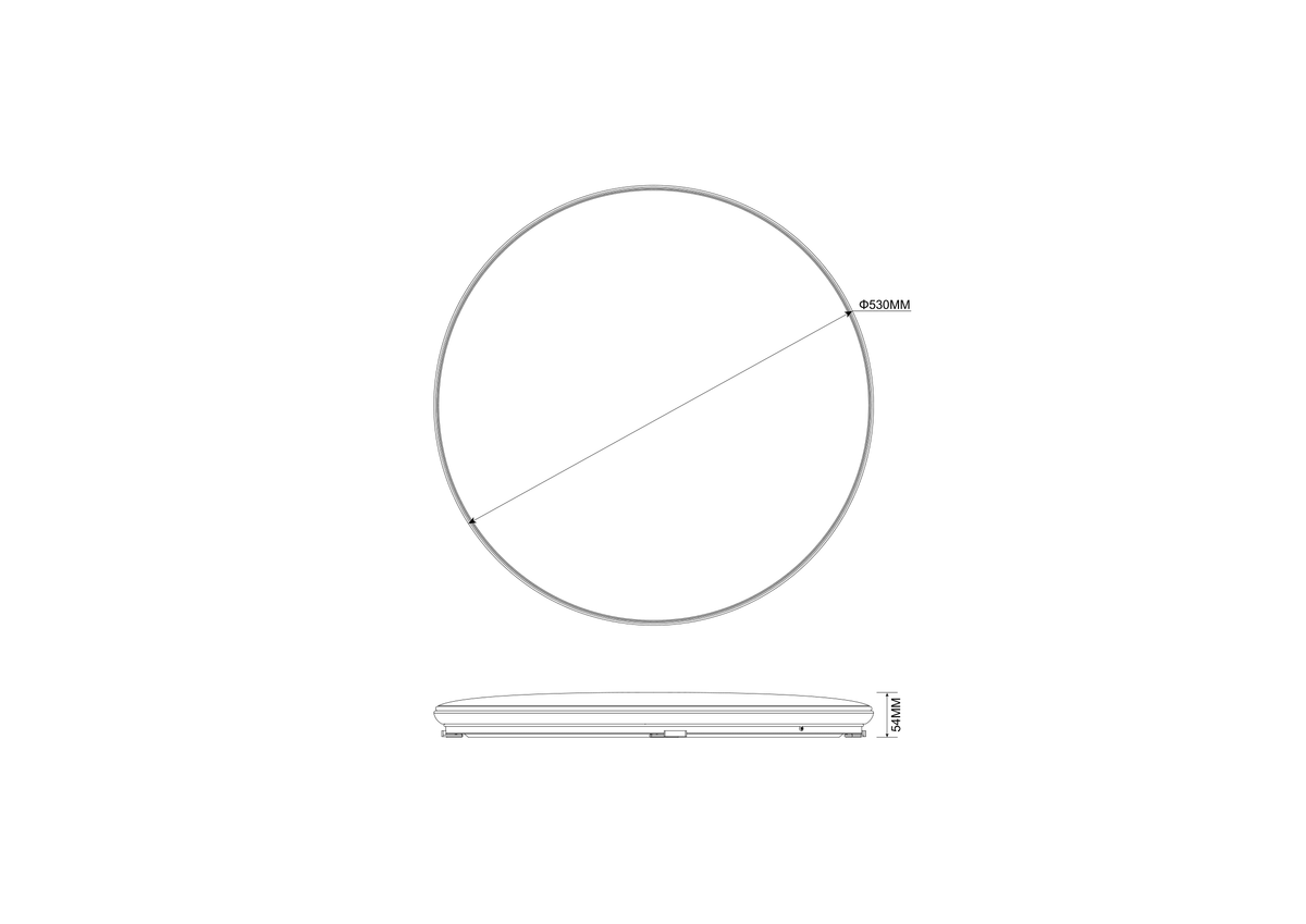 Schéma coté de dessus et profil, diamètre 530 mm et hauteur 54 mm.