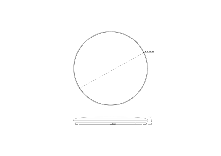 Schéma coté de dessus et profil, diamètre 530 mm et hauteur 54 mm.