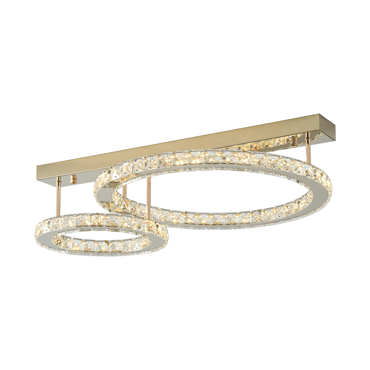 Luminaire de plafond doré allumé, deux anneaux cristal imbriqués, fond blanc.