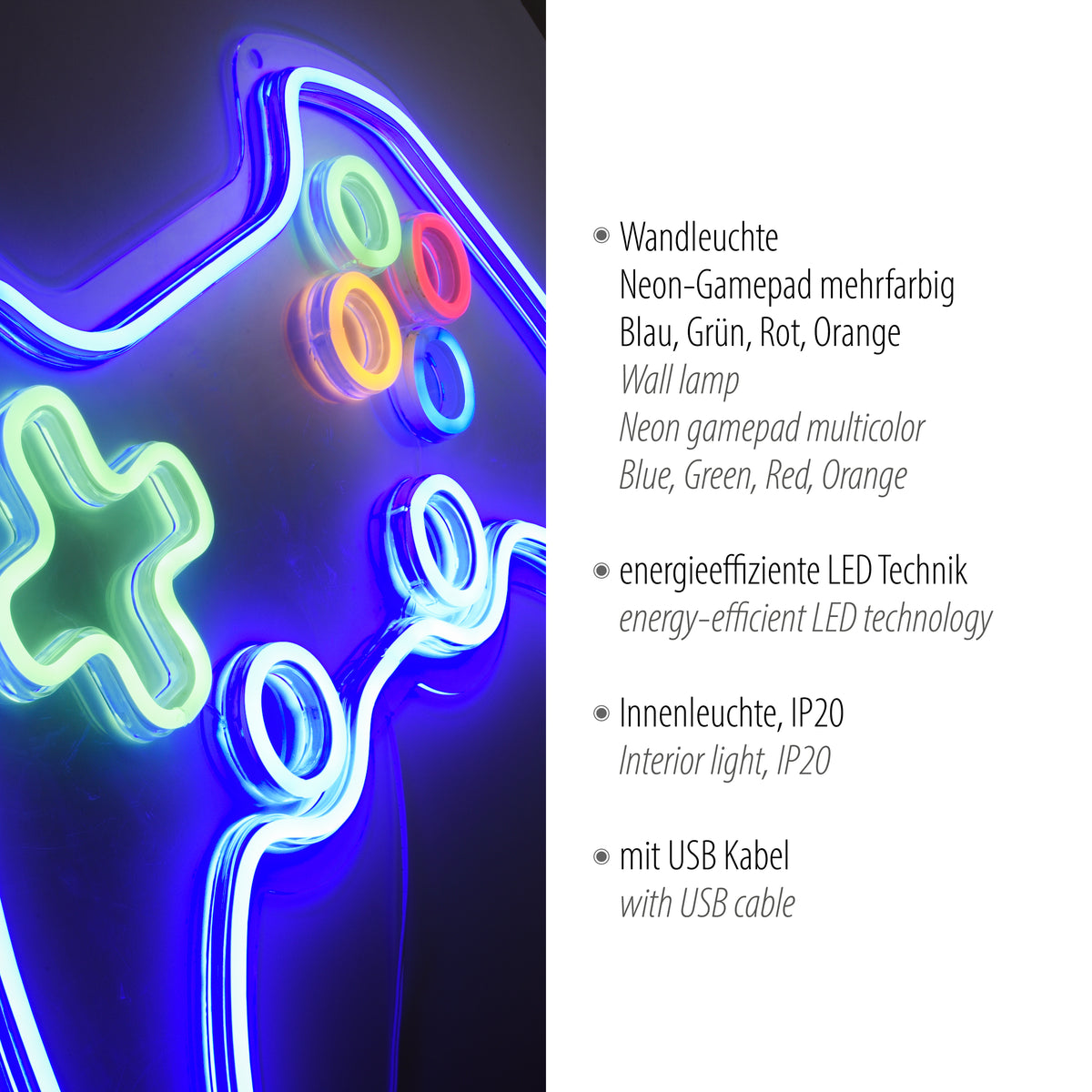 Gros plan sur la manette néon et texte allemand détaillant les caractéristiques LED USB.