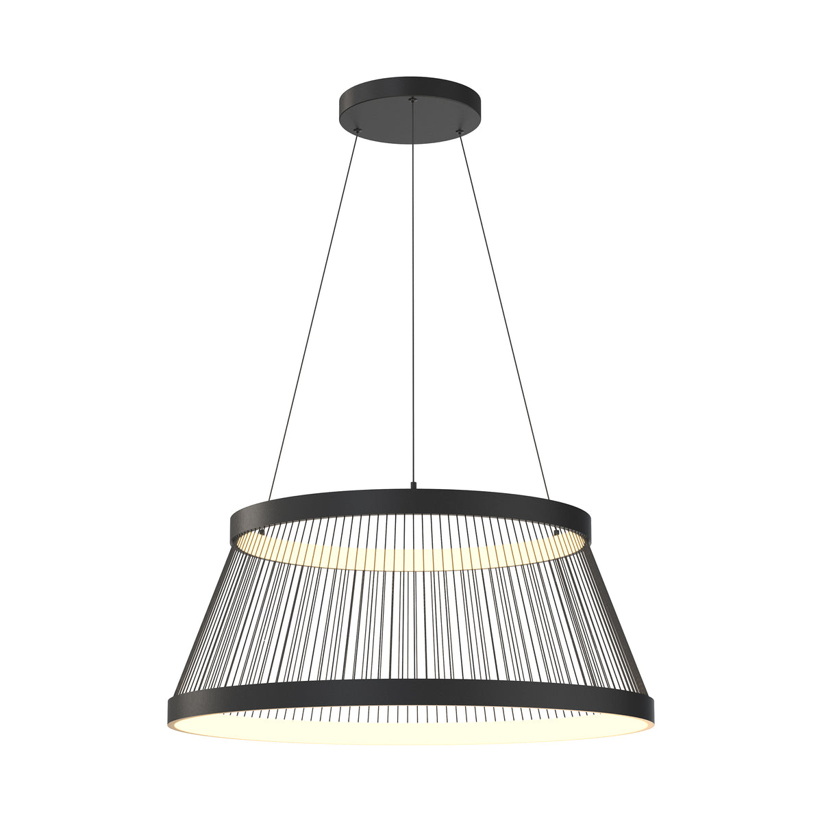 Version allumée du luminaire, diffuseur blanc éclairé, structure conique en fils noirs