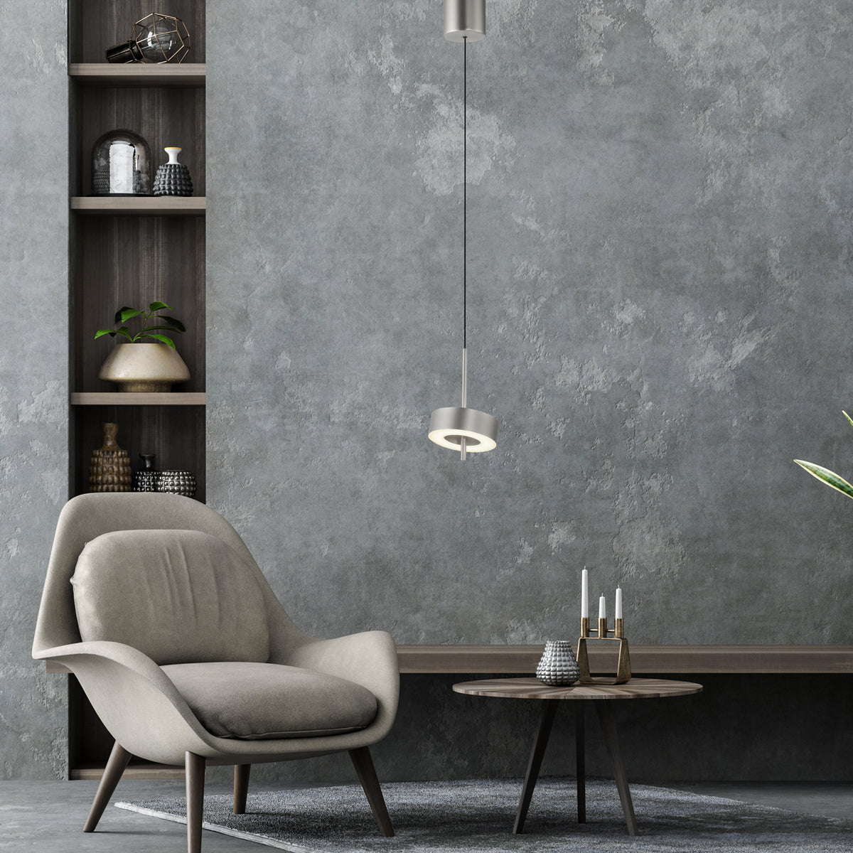 Suspension aluminium intégrée dans un salon contemporain, au-dessus d'une table basse