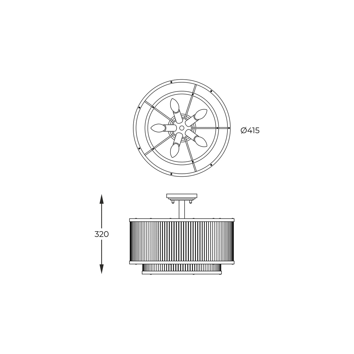 Schéma coté du luminaire : diamètre 415 mm et hauteur totale 320 mm.