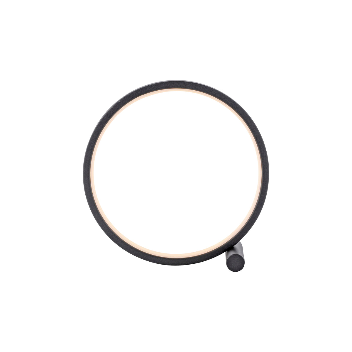 Vue de face sur fond blanc, anneau noir et bandeau LED lumineux.