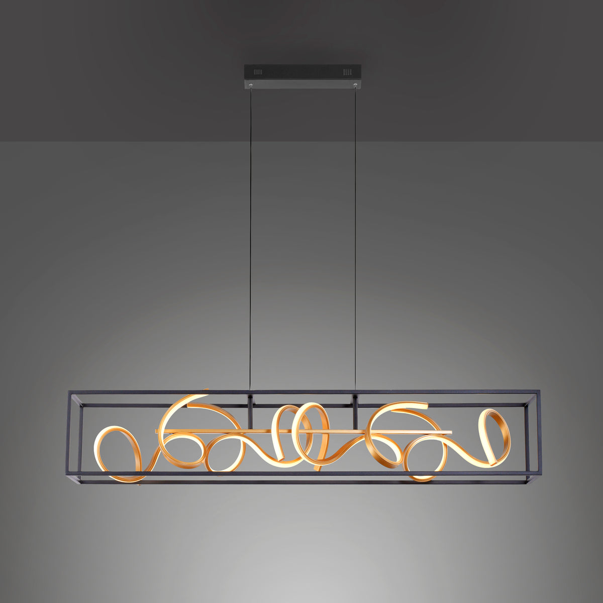 Silhouette du luminaire sur fond gris dégradé, spirale dorée allumée
