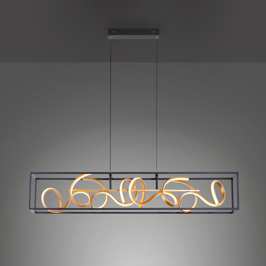 Silhouette du luminaire sur fond gris dégradé, spirale dorée allumée