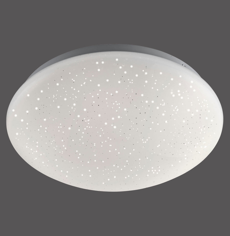 Vue de face du plafonnier blanc rond avec effet ciel étoilé.