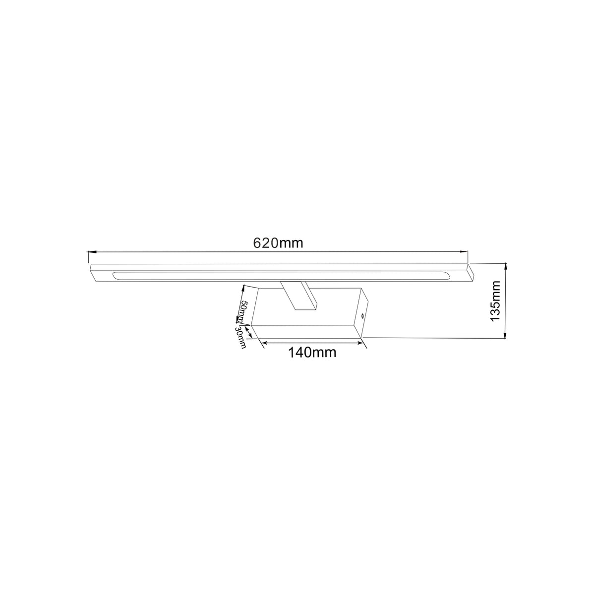 Schéma de dimensions avec longueur 620 mm, hauteur 135 mm et base 140 mm.