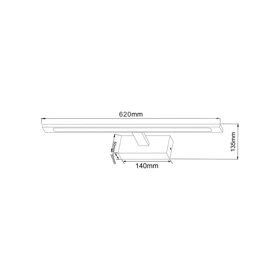 Schéma de dimensions avec longueur 620 mm, hauteur 135 mm et base 140 mm.